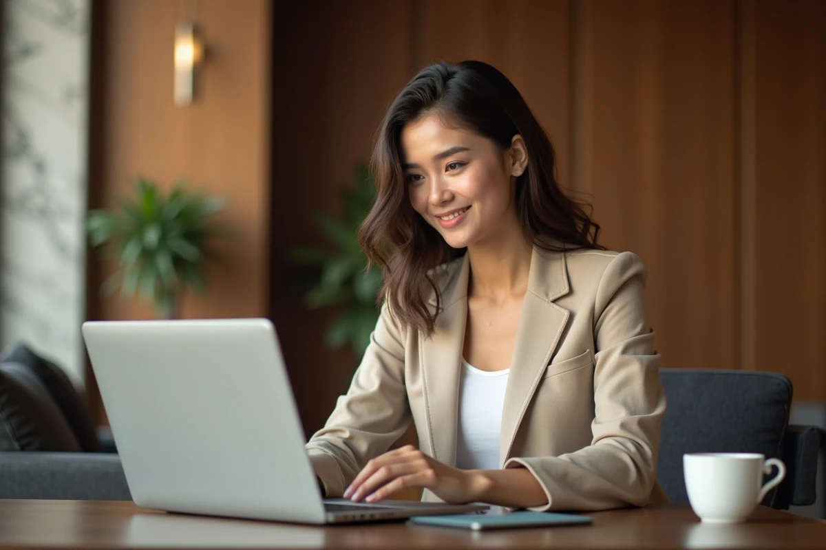 Étudiante en télétravail dans un lobby d'hôtel moderne, utilisant un service de daysue pour travailler