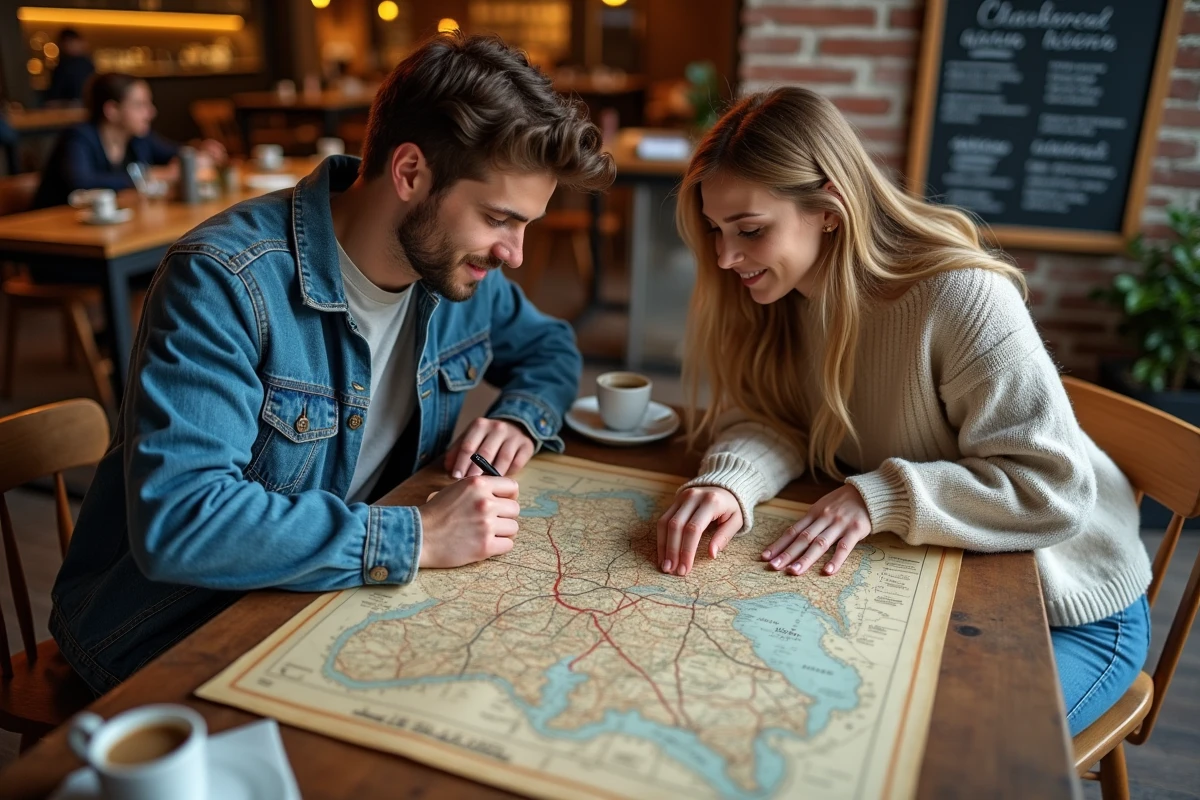 Deux étudiants étudiant un atlas historique des frontières allemandes dans un café universitaire