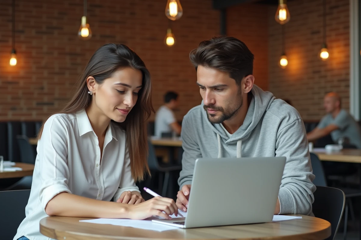 Deux étudiants collaborant sur un projet dans un café d'hôtel pendant une session daysue
