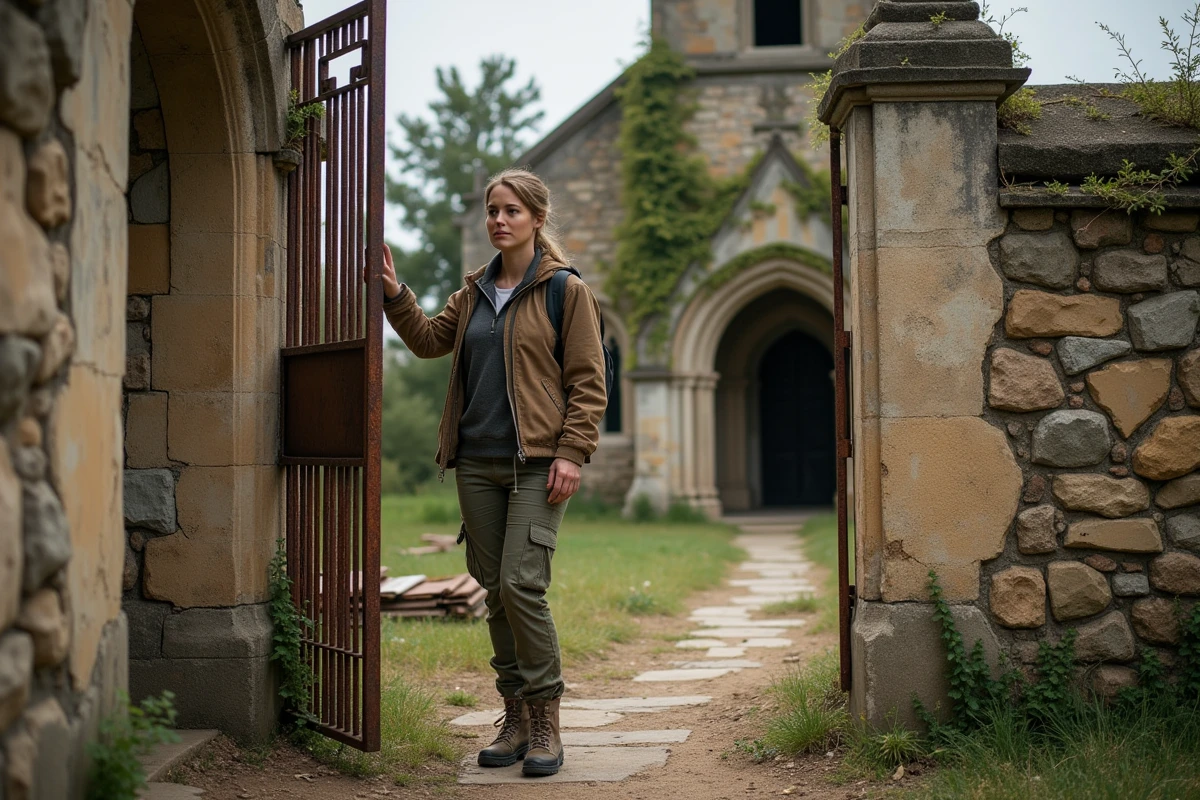 Exploratrice poussant le portail rouillé d'une église de village abandonné en France envahie par les ronces