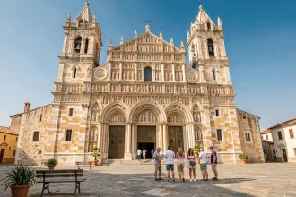 Façade extérieure de la cathédrale de Monreale en Sicile avec des touristes devant les portes en bronze