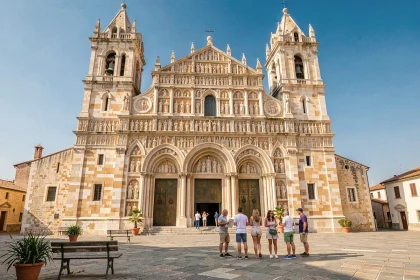 Façade extérieure de la cathédrale de Monreale en Sicile avec des touristes devant les portes en bronze