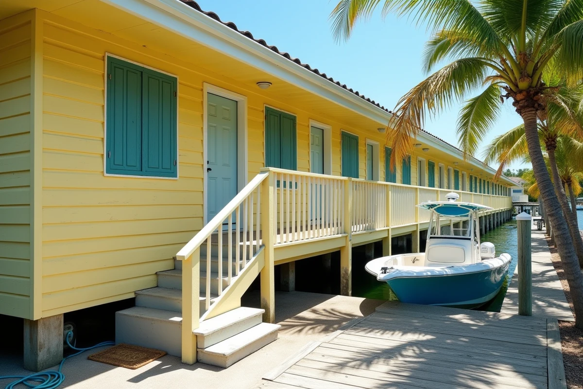 Façade extérieure d'une villa surélevée au Coral Lagoon Resort de Marathon en Floride avec embarcadère privé et palmiers