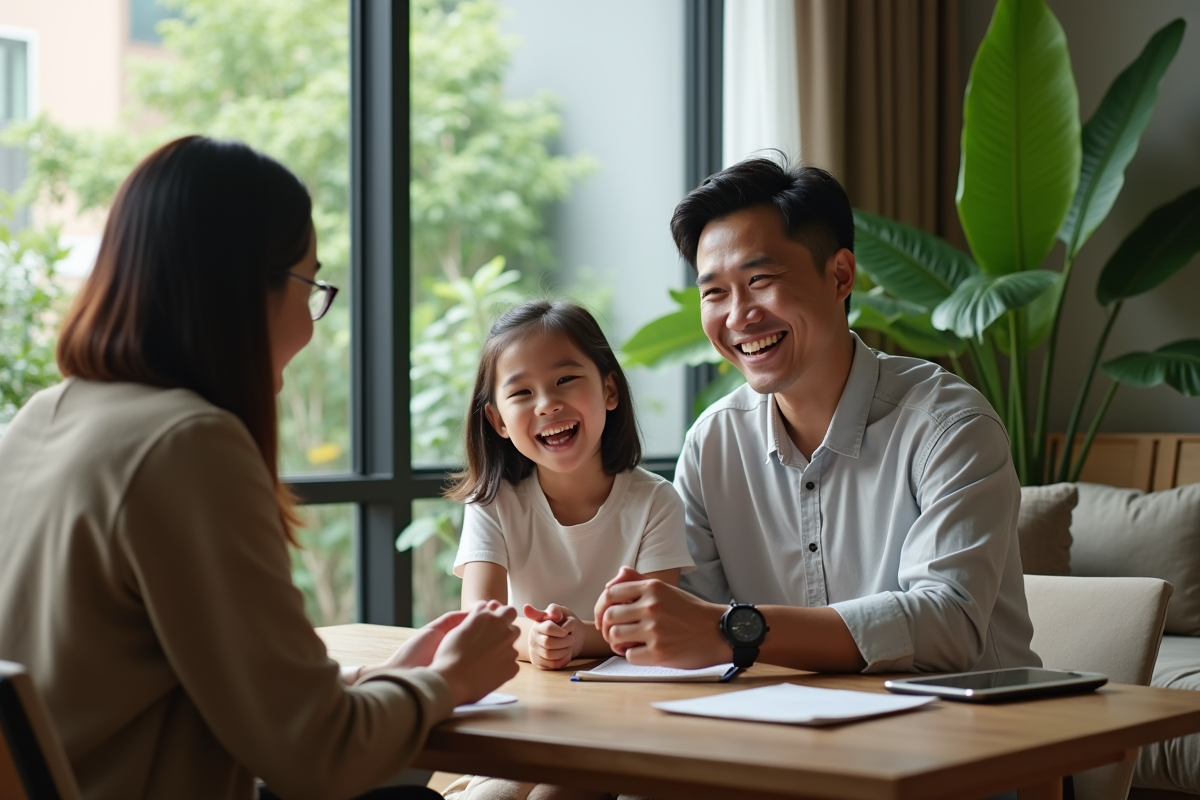 Famille souriante rencontrant un conseiller en assurance à Singapour