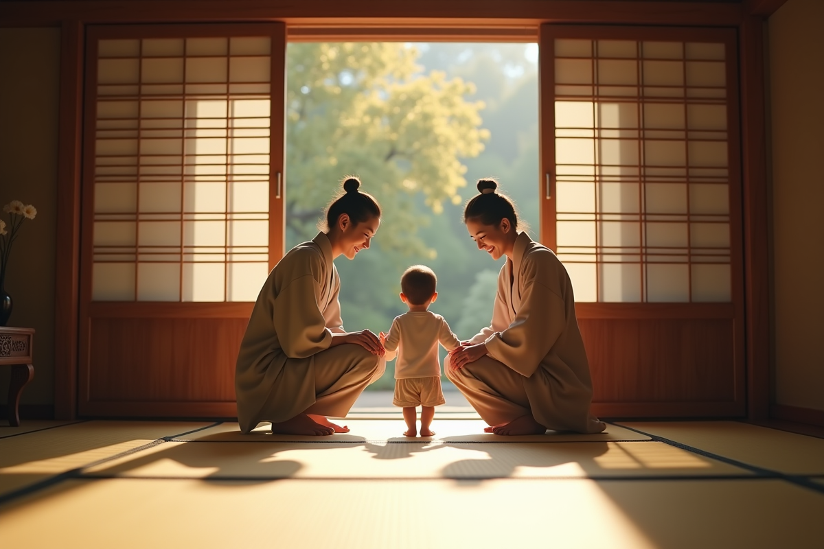 Famille japonaise se saluant à l