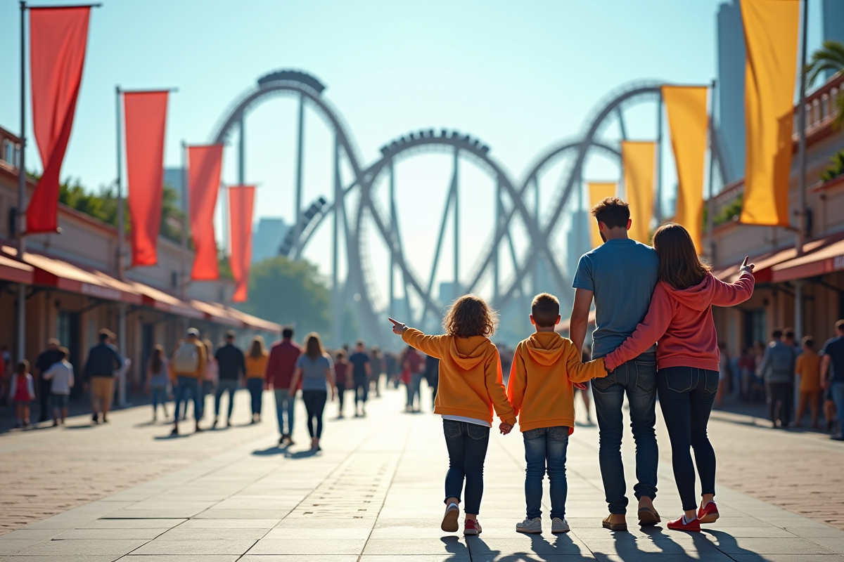 Famille de quatre devant un grand parc d'attractions