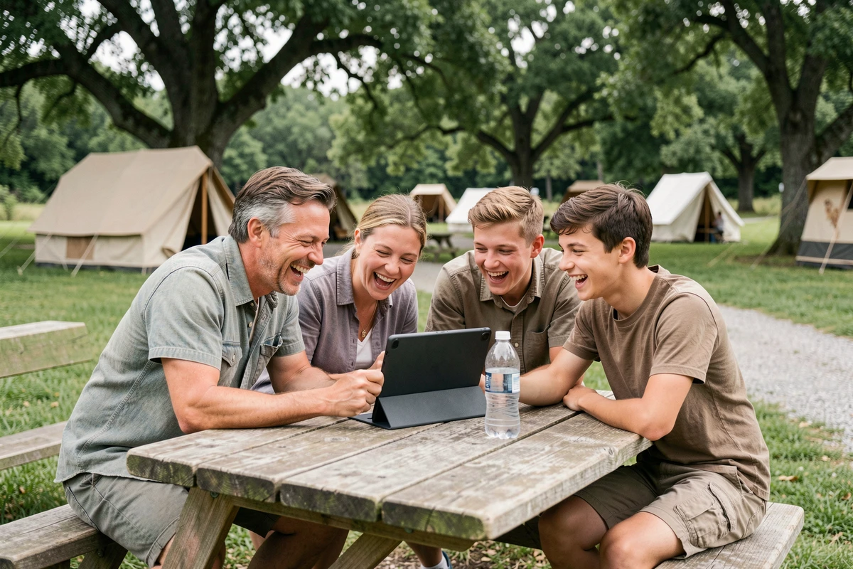 Famille réunie autour d'une tablette pour partager des posts de vacances sur les réseaux sociaux en pleine nature