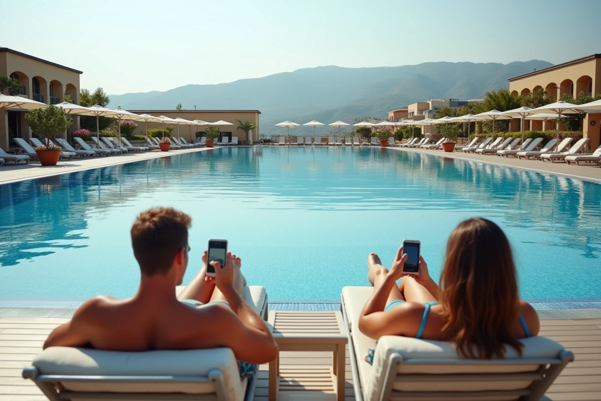 Famille en vacances tout compris au bord d'une piscine de resort en Crète avec vue sur les collines crétoise