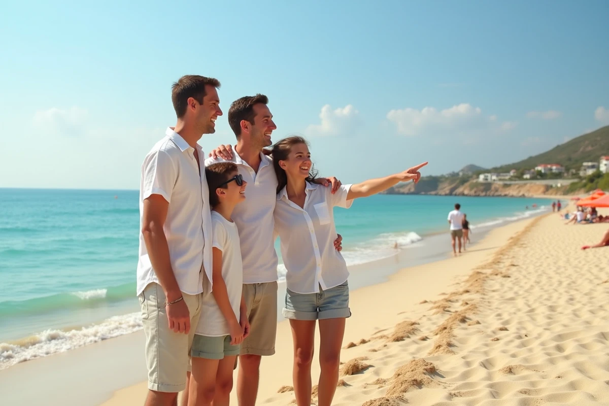 Famille heureuse sur une plage méditerranéenne ensoleillée lors d'un voyage pas cher à l'étranger en 2026