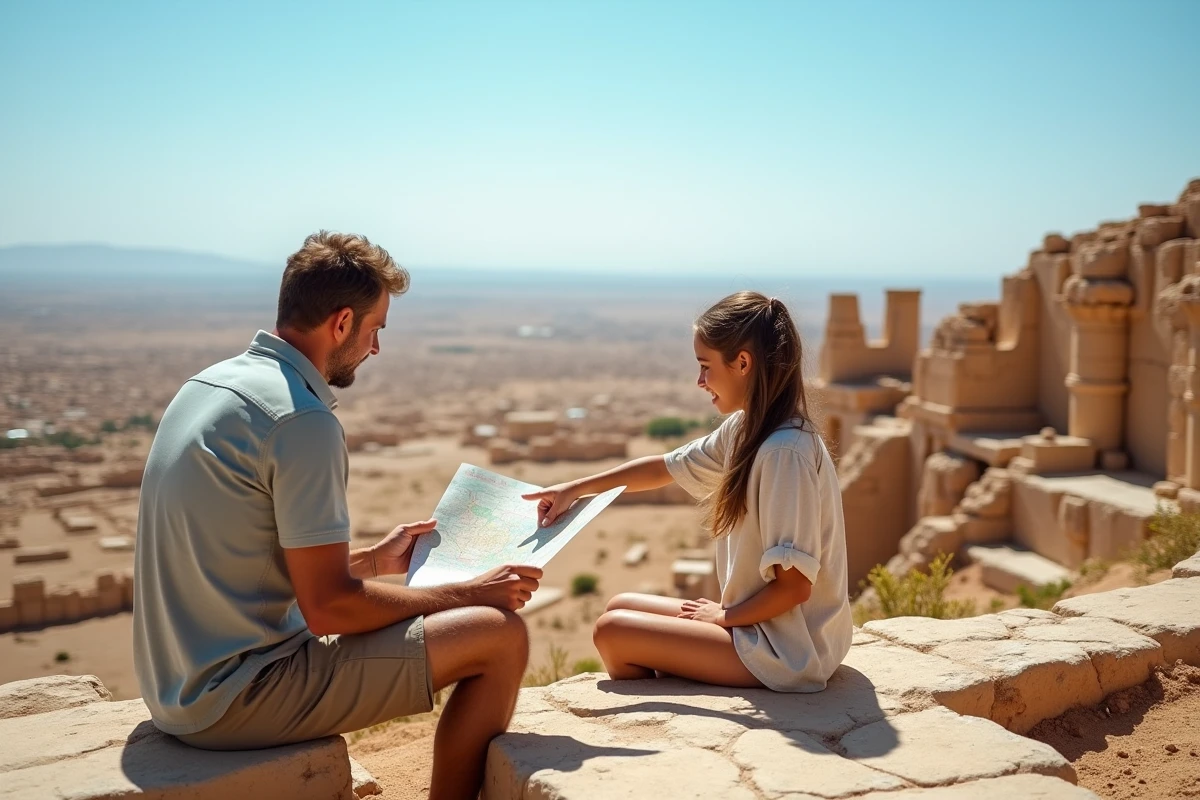 Père et fille explorant des ruines archéologiques lors d'un voyage en famille pas cher dans un pays ensoleillé en 2026
