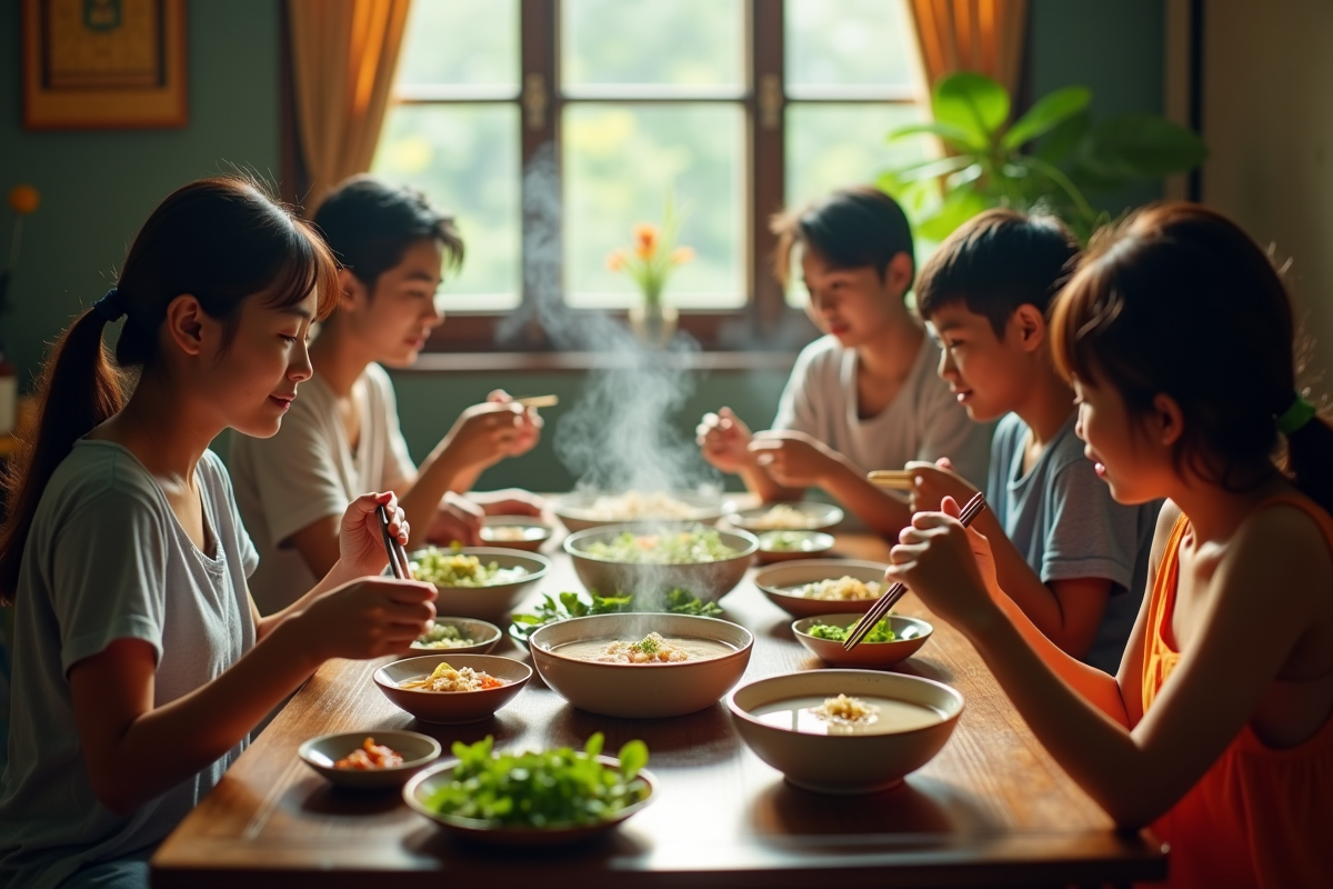 Famille vietnamienne partageant un repas de pho traditionnel