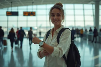 Femme vérifiant l'heure dans un aéroport avant un vol vers La Réunion, illustrant le décalage horaire