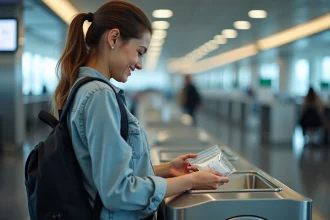 Jeune femme à l'aéroport préparant sa trousse de toilette