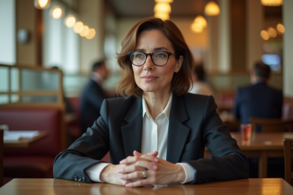 Femme d'affaires assise dans un café européen avec facture