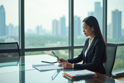 Femme d'affaires asiatique dans un bureau lumineux à Singapour