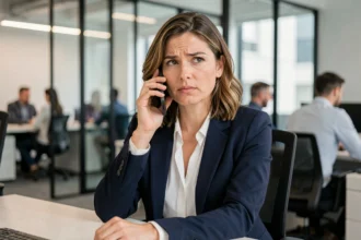 Femme professionnelle en blazer marine passant un appel international depuis son bureau avec un smartphone, expression concentrée