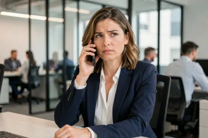 Femme professionnelle en blazer marine passant un appel international depuis son bureau avec un smartphone, expression concentrée