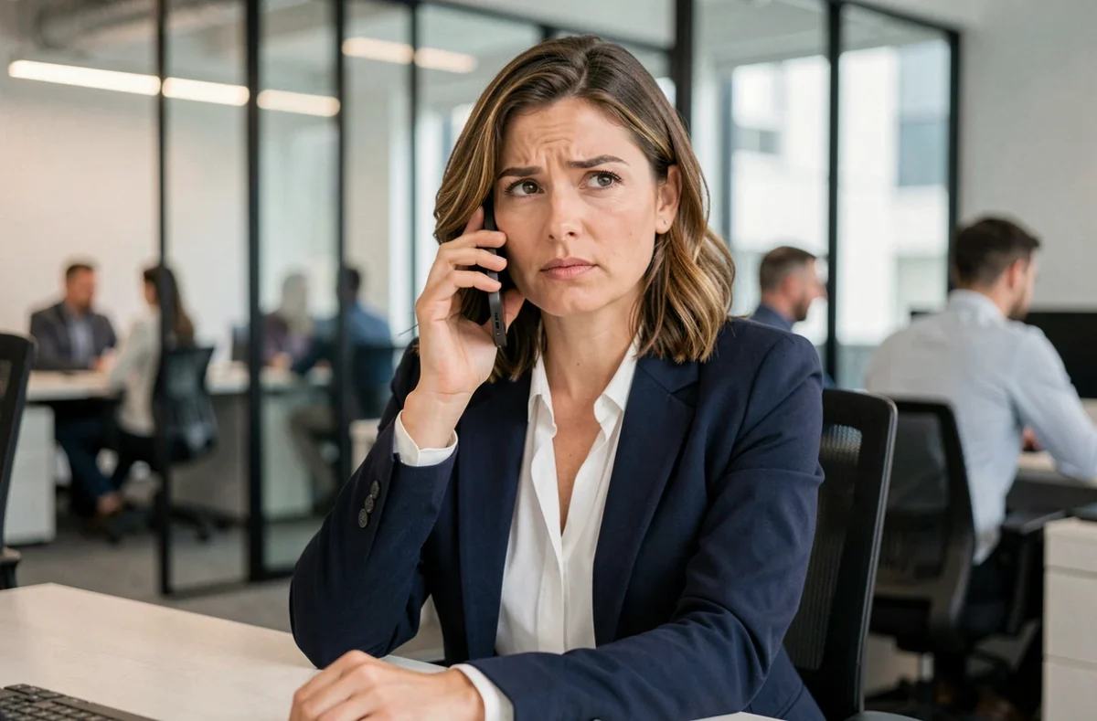Femme professionnelle en blazer marine passant un appel international depuis son bureau avec un smartphone, expression concentrée