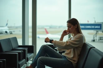 Jeune femme regardant sa montre dans un aéroport à Paris