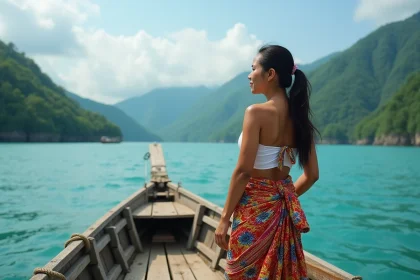 Femme philippine en malong traditionnel sur un bateau de pêche face aux eaux turquoise de Mindanao aux Philippines