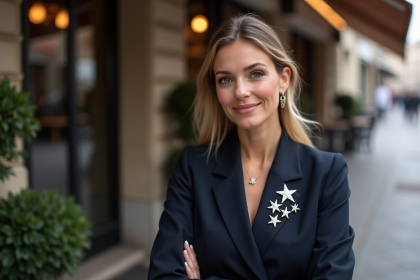 Femme &eacute;l&eacute;gante en blazer navy avec brooches &eacute;toiles &agrave; Paris