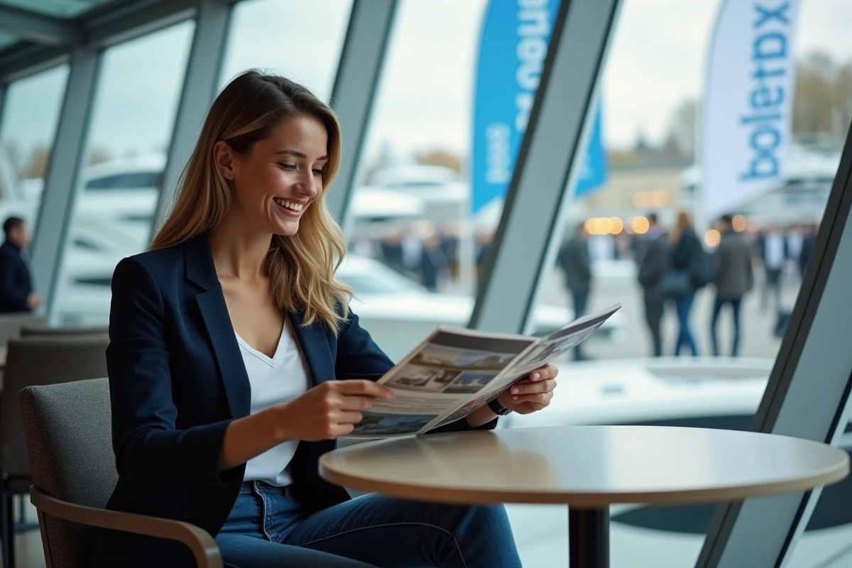 Jeune femme lisant une brochure dans le salon de Paris