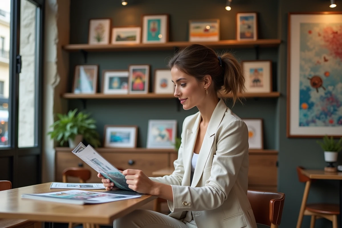 Femme lisant un magazine d'art dans un café cosy