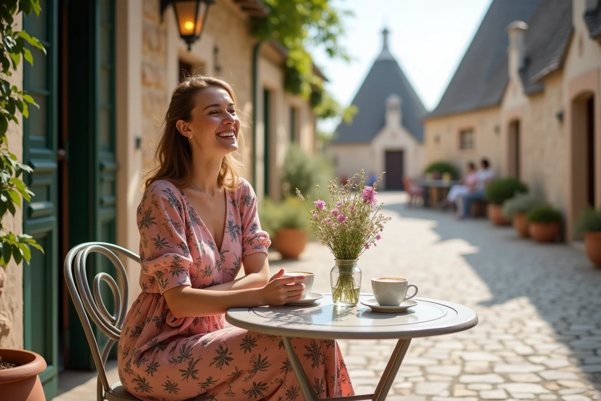 Femme souriante au café avec trulli en arrière-plan