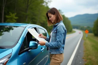 Jeune femme consulte une carte sur la voiture en nature