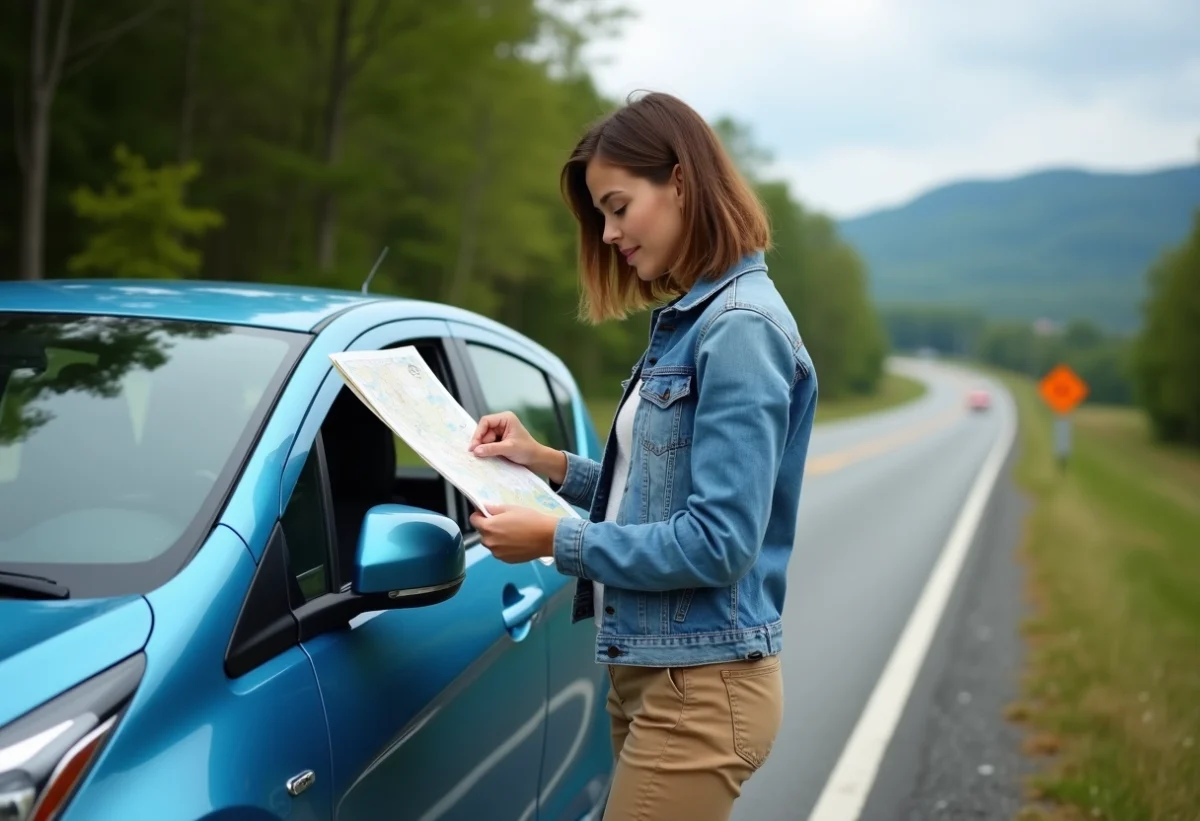 Jeune femme consulte une carte sur la voiture en nature
