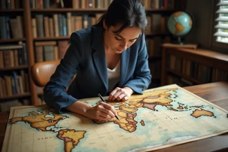Femme étudiant la distance Paris Sydney sur une carte du monde vintage posée sur une table en bois