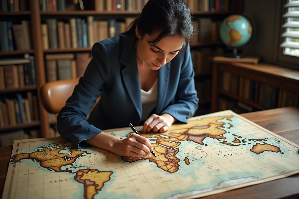 Femme étudiant la distance Paris Sydney sur une carte du monde vintage posée sur une table en bois