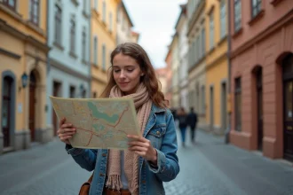 Jeune femme avec veste en denim et écharpe à Prague