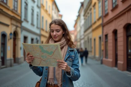 Jeune femme avec veste en denim et &eacute;charpe &agrave; Prague