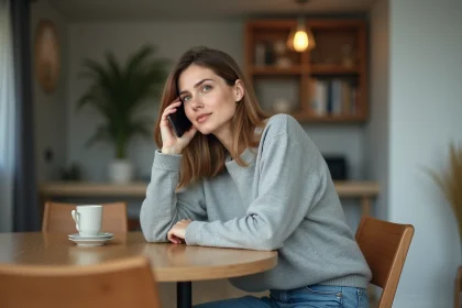 Femme en sweater parlant au t&eacute;l&eacute;phone dans un appartement