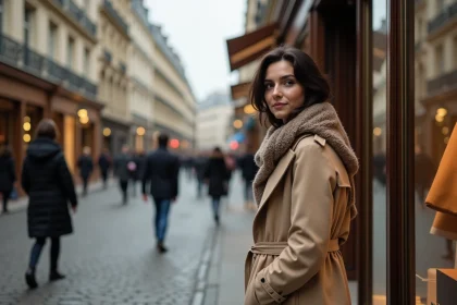 Jeune femme chic dans une rue de Paris près de Concorde
