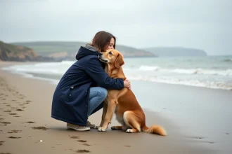 Jeune femme avec chien sur plage normande au low tide