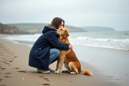 Jeune femme avec chien sur plage normande au low tide