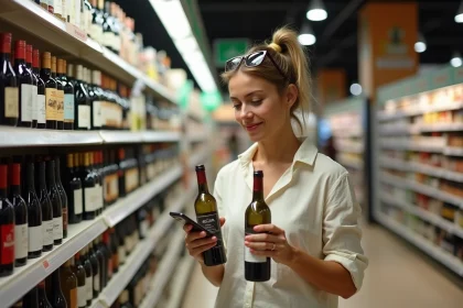 Femme française comparant les prix des bouteilles de vin dans un supermarché espagnol