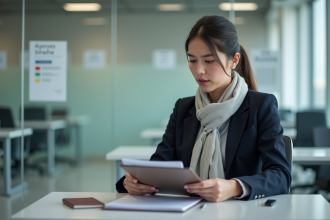 Jeune femme en costume d'affaires avec dossier et passeport