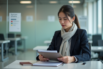 Jeune femme en costume d'affaires avec dossier et passeport