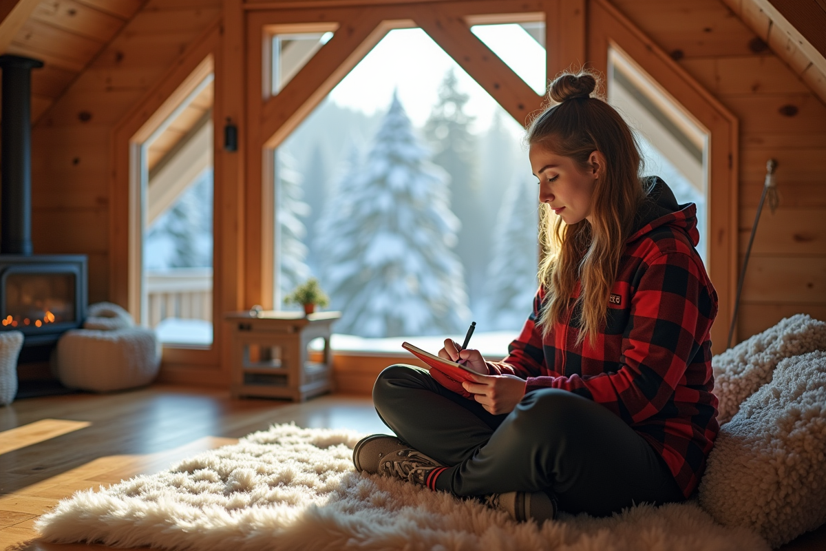 Jeune femme écrivant dans un journal dans un chalet scandinave