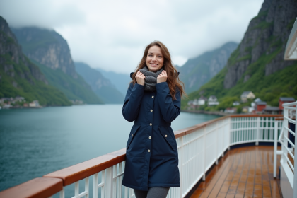 Femme en parka ajustant son foulard face aux fjords norvegiens