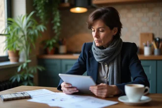 Femme française réfléchissant avec documents de voyage