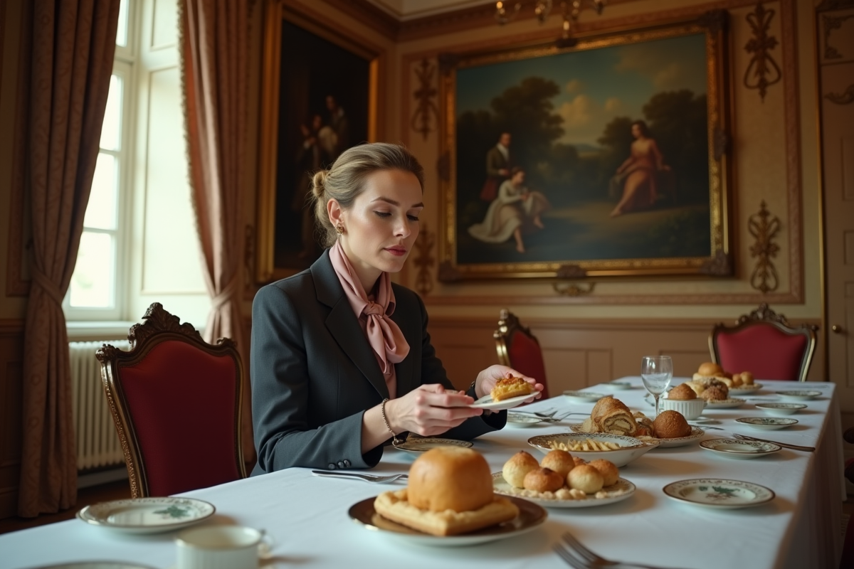 Femme élégante dégustant des pâtisseries dans un salon chic