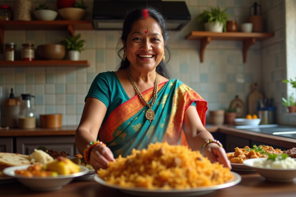 Femme indienne en sari color&eacute; pr&eacute;parant un plat indien traditionnel