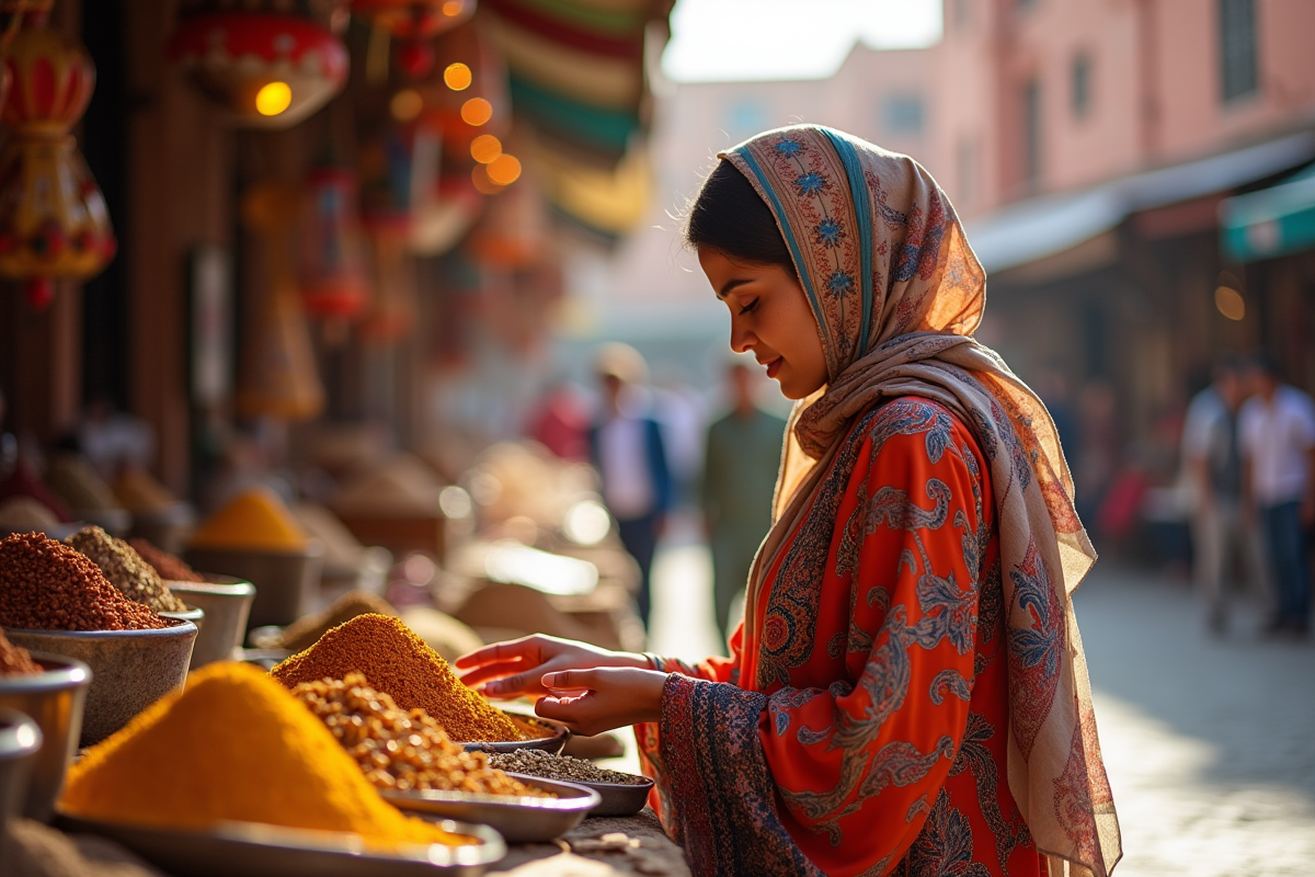 Jeune femme marocaine en caftan admire épices à Marrakech