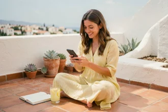 Femme souriante sur une terrasse méditerranéenne tapant un message de bonnes vacances sur son smartphone