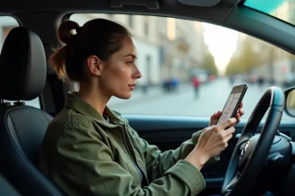 Femme utilisant une application de navigation GPS sur smartphone montée dans une voiture en milieu urbain