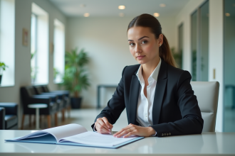 Femme en bureau organisant des documents pour une demande